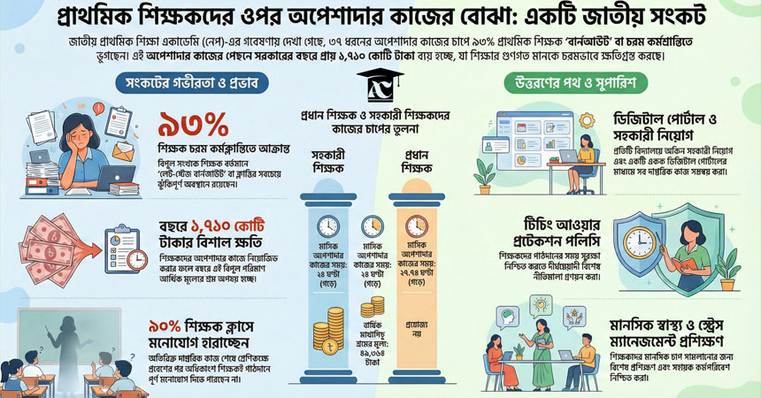 প্রাথমিকের ৯৩ শতাংশ শিক্ষক অপেশাদার কাজে ক্লান্ত, বছরে ব্যয় ১৭১০ কোটি